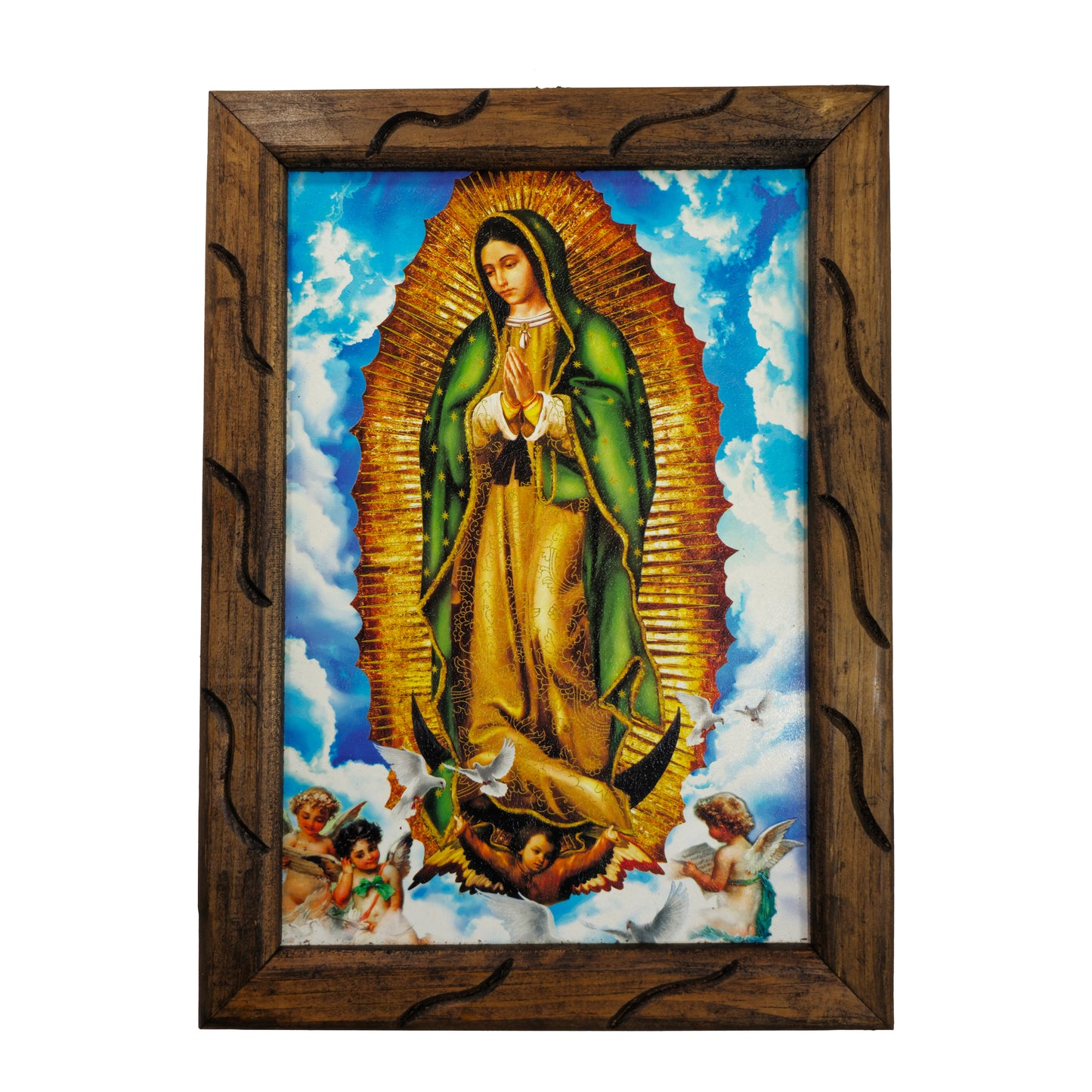 Mrcjsales - Our Lady of Guadalupe Heavens Sky’s Rustic Frame - Iconic Religious Art, Unique Craftsmanship, Virgen de Guadalupe - M | 18"x13" image
