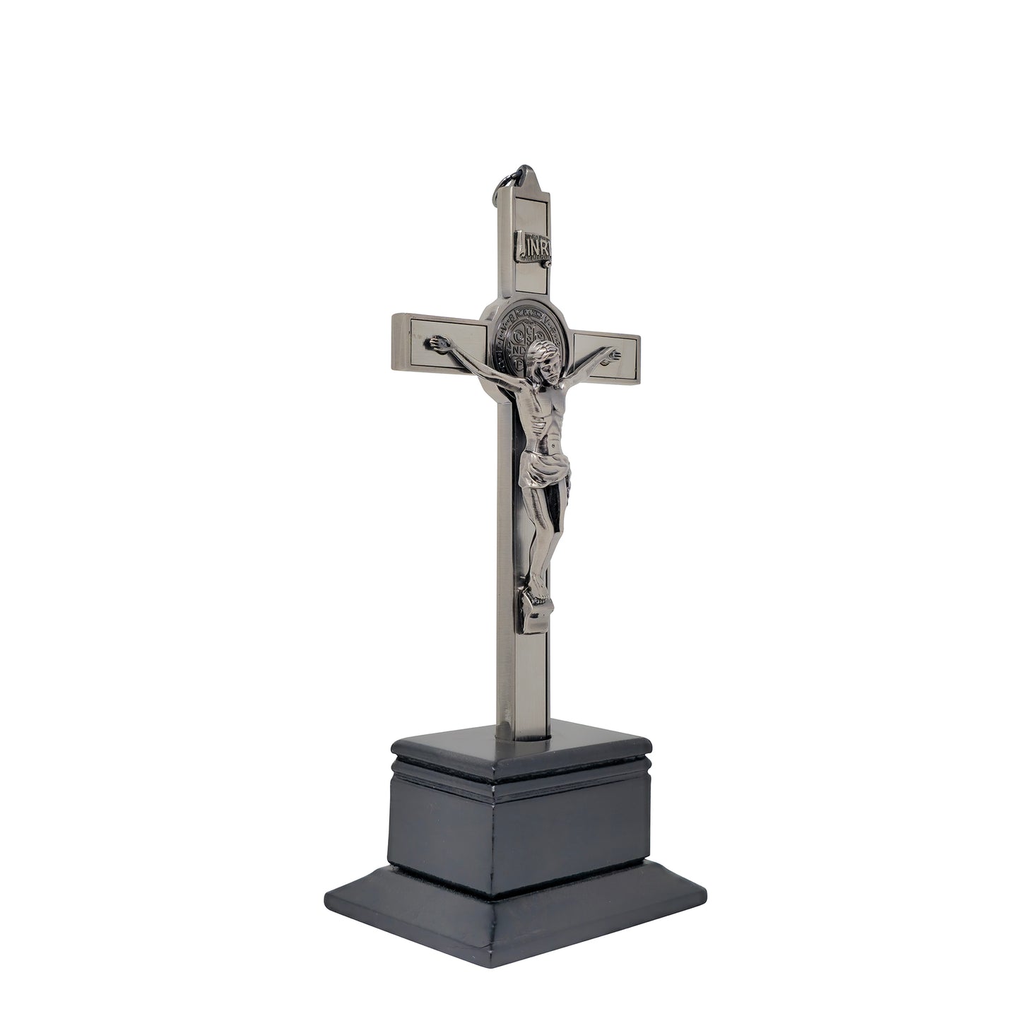 Mrcjsales - Saint Benedict Crucifix Dark-Silver w/Base. Detailed Design, Gift for Loved Ones, Hang or Stand Anywhere, Built-In Medal, image 1
