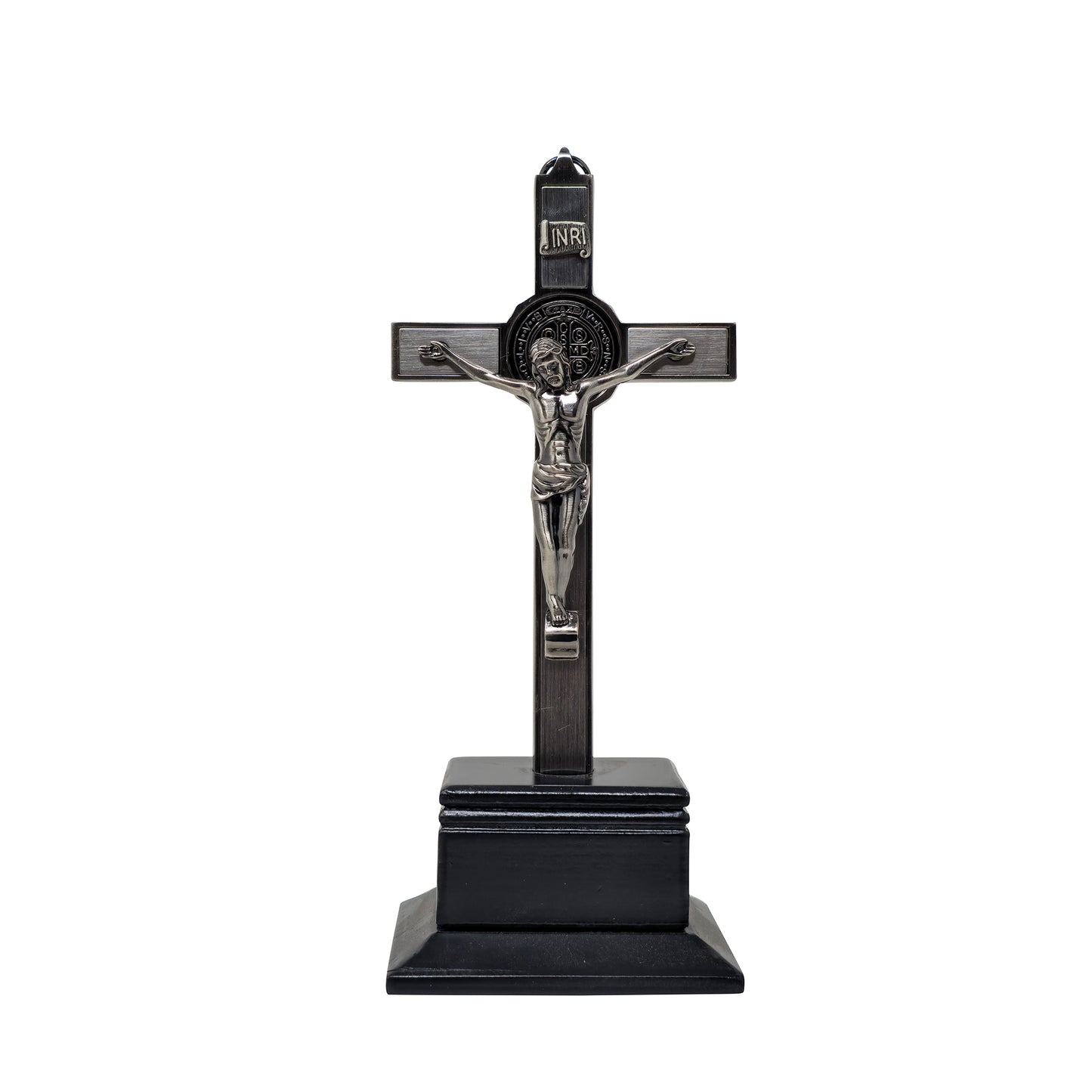 Mrcjsales - Saint Benedict Crucifix Dark-Silver w/Base. Detailed Design, Gift for Loved Ones, Hang or Stand Anywhere, Built-In Medal, image 0