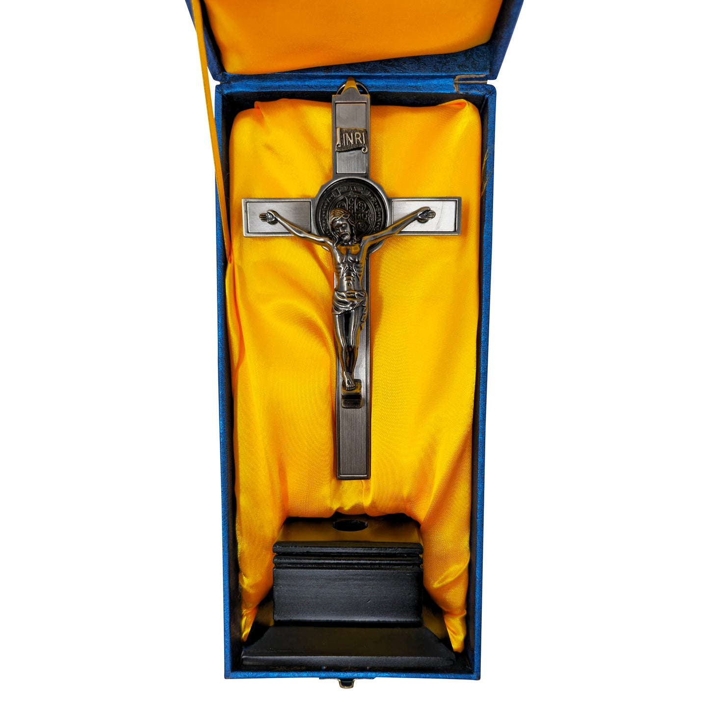 Mrcjsales - Saint Benedict Crucifix Dark-Silver w/Base. Detailed Design, Gift for Loved Ones, Hang or Stand Anywhere, Built-In Medal, image 3