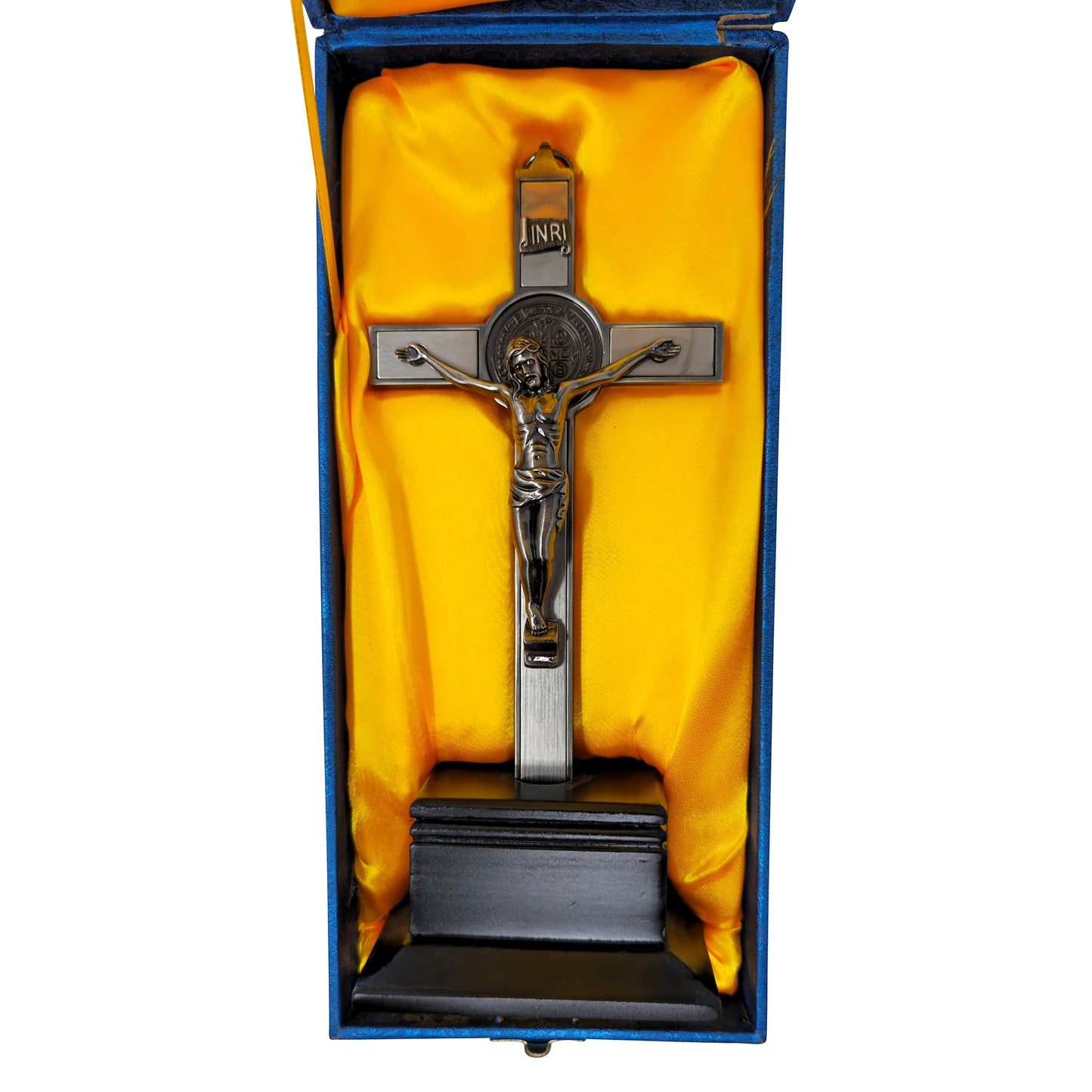 Mrcjsales - Saint Benedict Crucifix Dark-Silver w/Base. Detailed Design, Gift for Loved Ones, Hang or Stand Anywhere, Built-In Medal, image 4