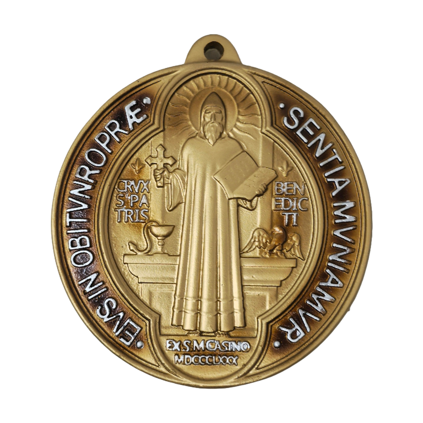 Saint Benedict Medal - San Benito Medallion in Silver & Gold | Catholic Church Protection & Blessings | High-Quality Resin | Hanging Religious Home Decor | Spiritual Armor for Hope, Faith, and Healing - Small x 6 inches gold image