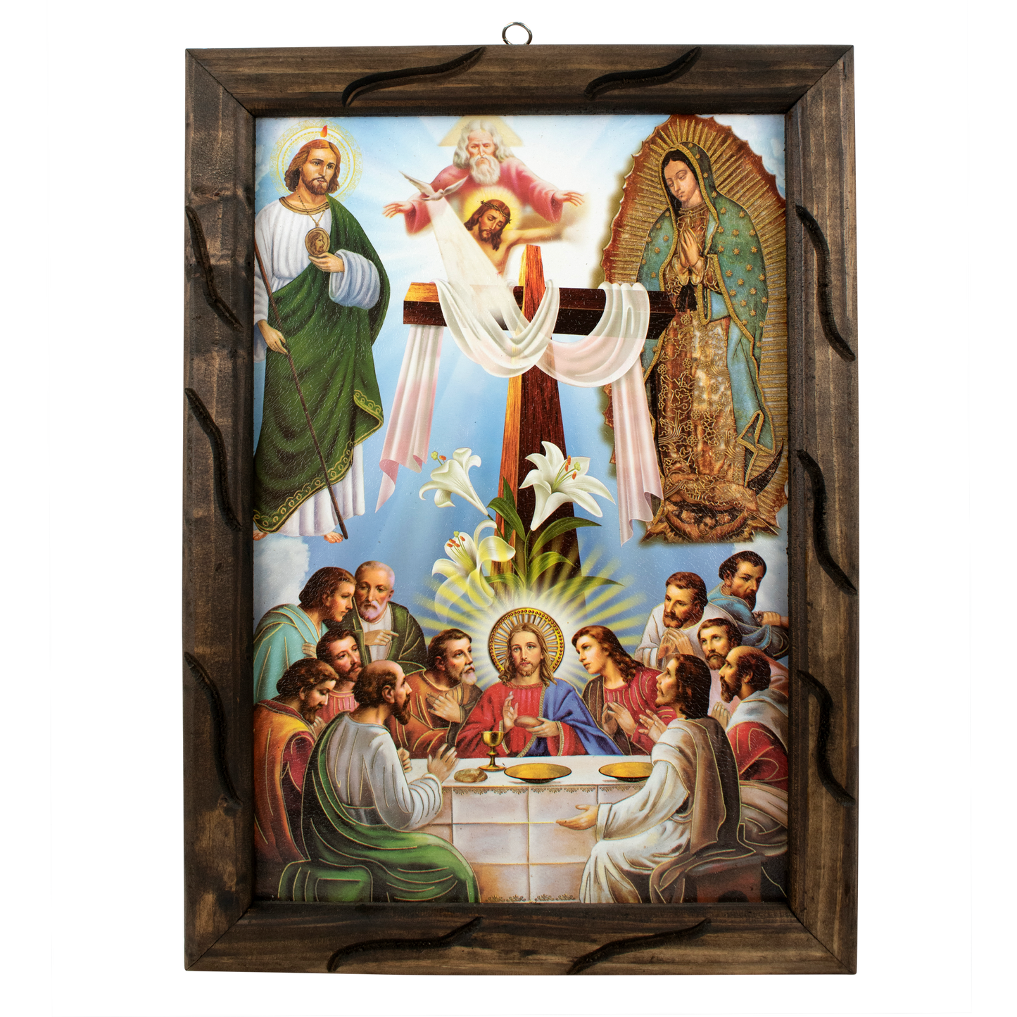 Mrcjsales - Holy Trio: Guadalupe, St. Judas, Last Supper – Rustic Frame, Religious Art, Hope, Love, Strength, Various Sizes Available! - M | 18"x13" image