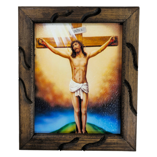 MrcjSales Jesus on Cross - Rustic Frame | Religious Art | Handcrafted in Mexico | Sizes: 24x36, 13x18, 10x12 | Perfect Home Decor | Thoughtful Gift - S | 12"x10" image