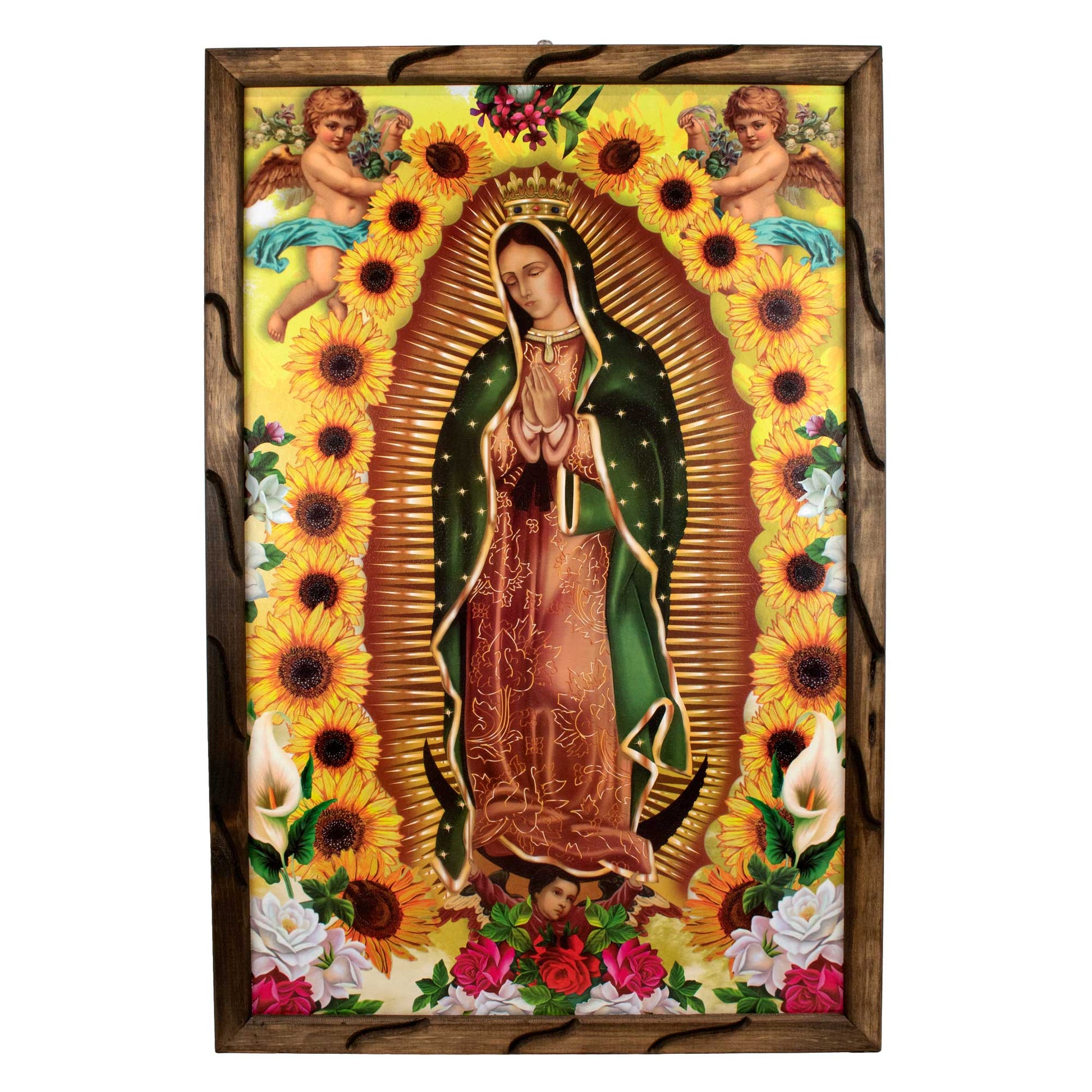 Lady of Guadalupe Sun Flower – Rustic Frame - Unique Design, Durable Craftsmanship, Perfect Gift - Virgen De Guadalupe Sun Flower - S | 12"x10" image