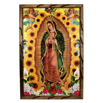 Lady of Guadalupe Sun Flower – Rustic Frame - Unique Design, Durable Craftsmanship, Perfect Gift - Virgen De Guadalupe Sun Flower - S | 12"x10" image