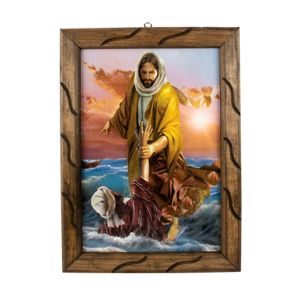 Mrcjsales - Jesus and Peter, at Sea – Rustic Frame, Multiple Sizes, Mexican Art, Symbolizes Hope, Love, Strength. Perfect Home Decor & Unique Gift! - M | 18"x13" image