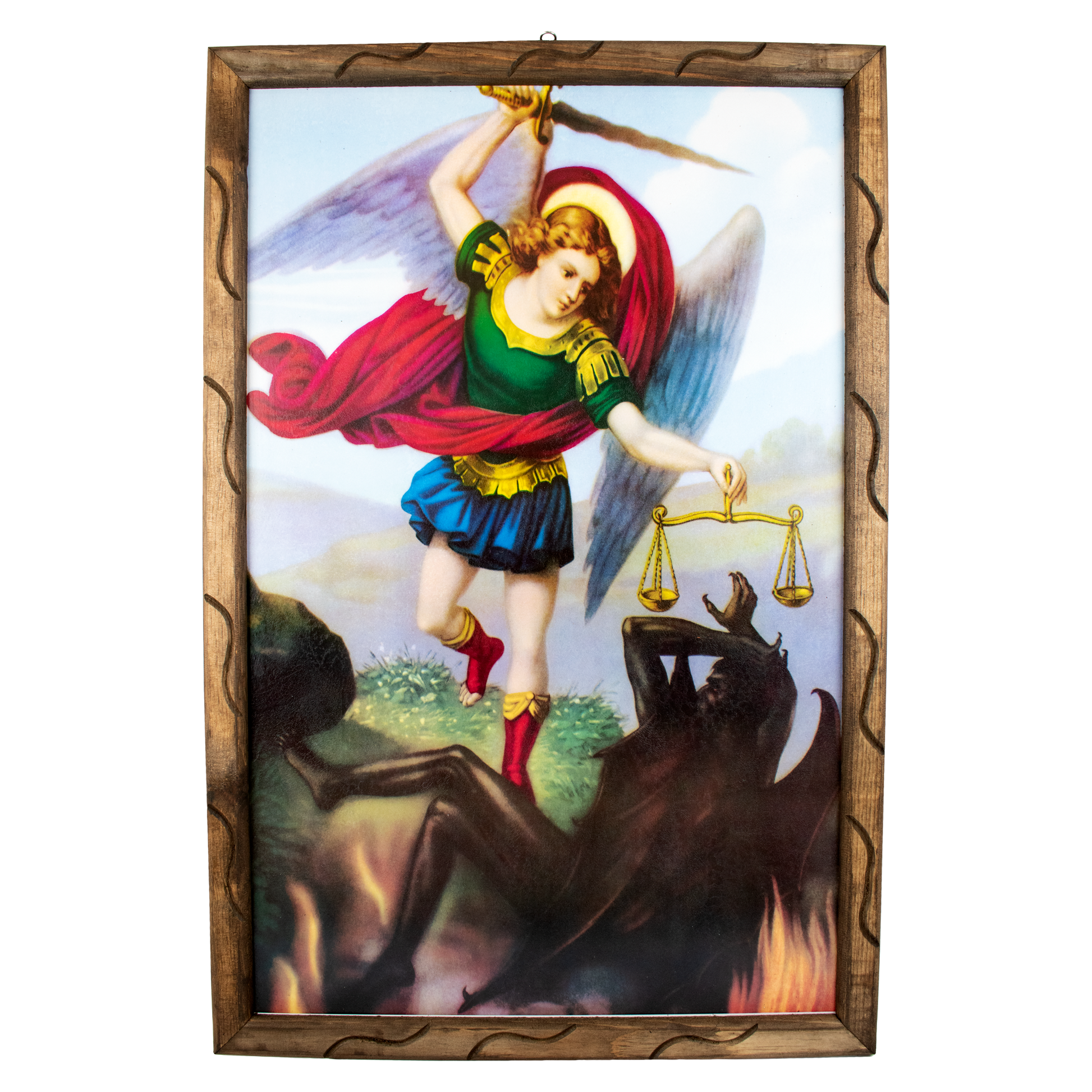 Mrcjsales: St. Michael Archangel Wooden Frame - Authentic Mexican Art. Ideal Gift Symbolizing Strength, Hope, Love, and Compassion. Multiple Sizes Available! - L | 36"x24" image