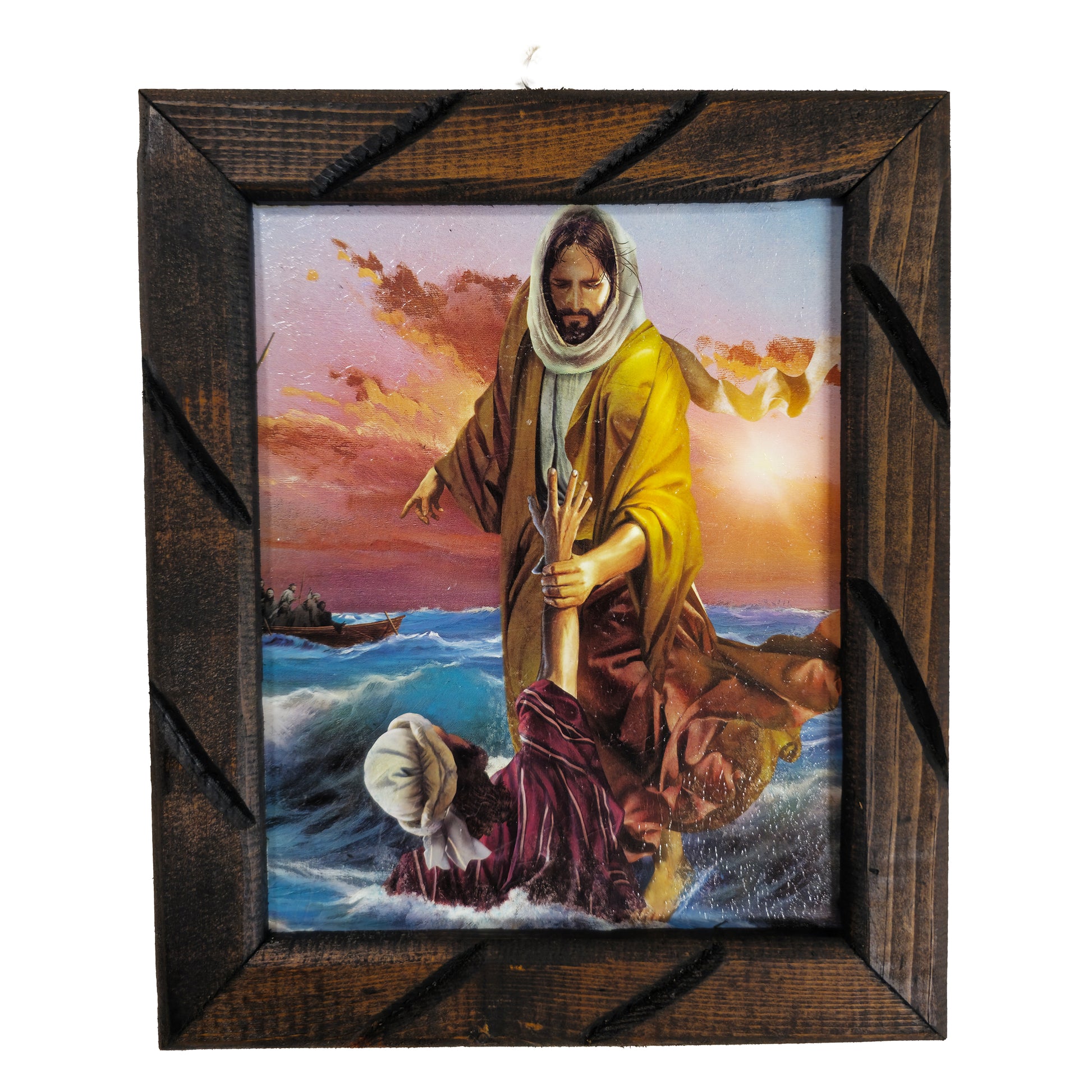 Mrcjsales - Jesus and Peter, at Sea – Rustic Frame, Multiple Sizes, Mexican Art, Symbolizes Hope, Love, Strength. Perfect Home Decor & Unique Gift! - S | 12"x10" image