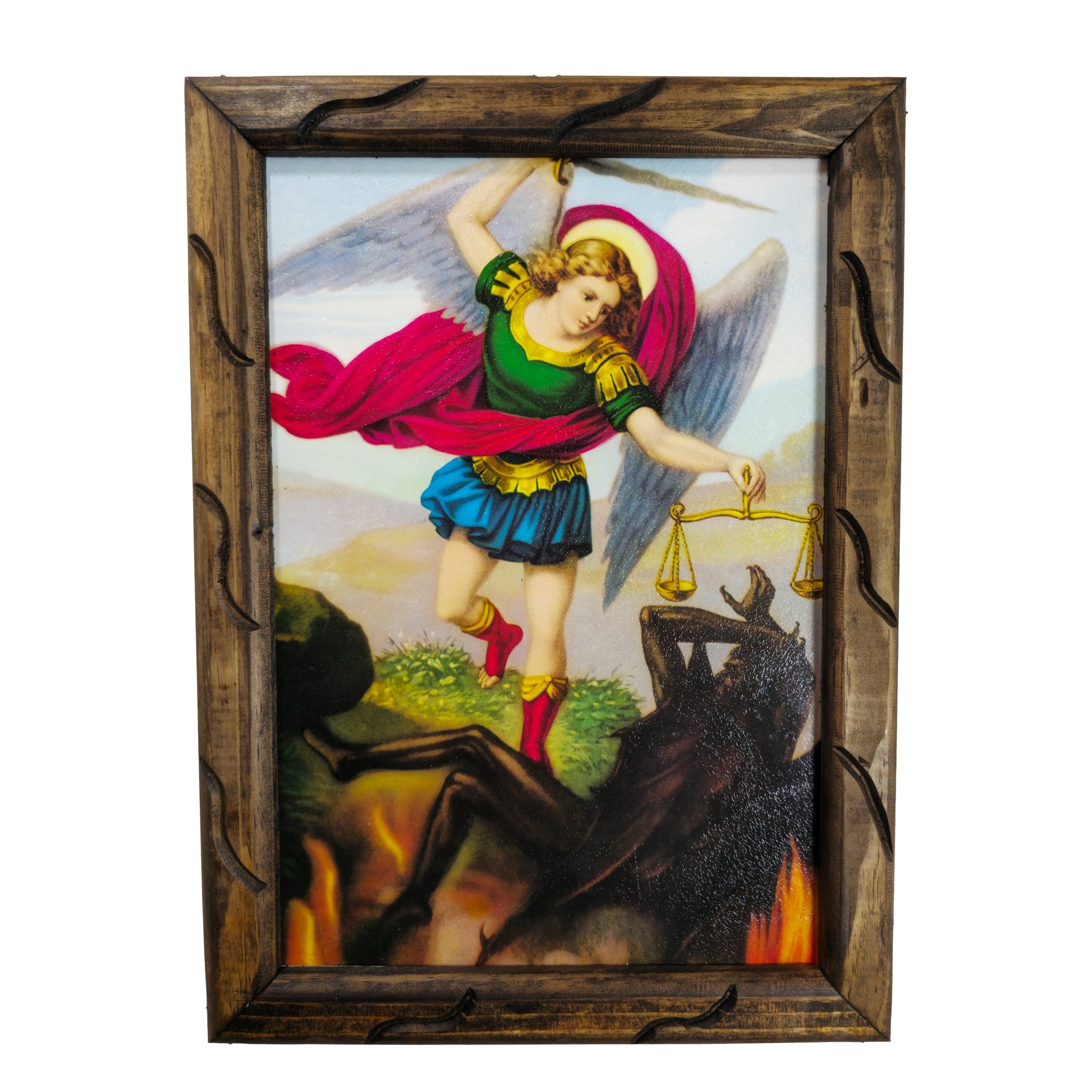 Mrcjsales: St. Michael Archangel Wooden Frame - Authentic Mexican Art. Ideal Gift Symbolizing Strength, Hope, Love, and Compassion. Multiple Sizes Available! - M | 18"x13" image