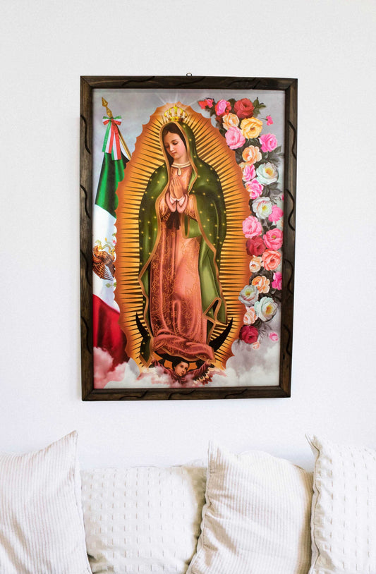 Mrcjsales - Lady of Guadalupe Mex Flag Rustic Frame - Iconic Religious Art, Mexican Decor, Spiritual Gift, Unique Craftsmanship, Virgen De Guadalupe image 1