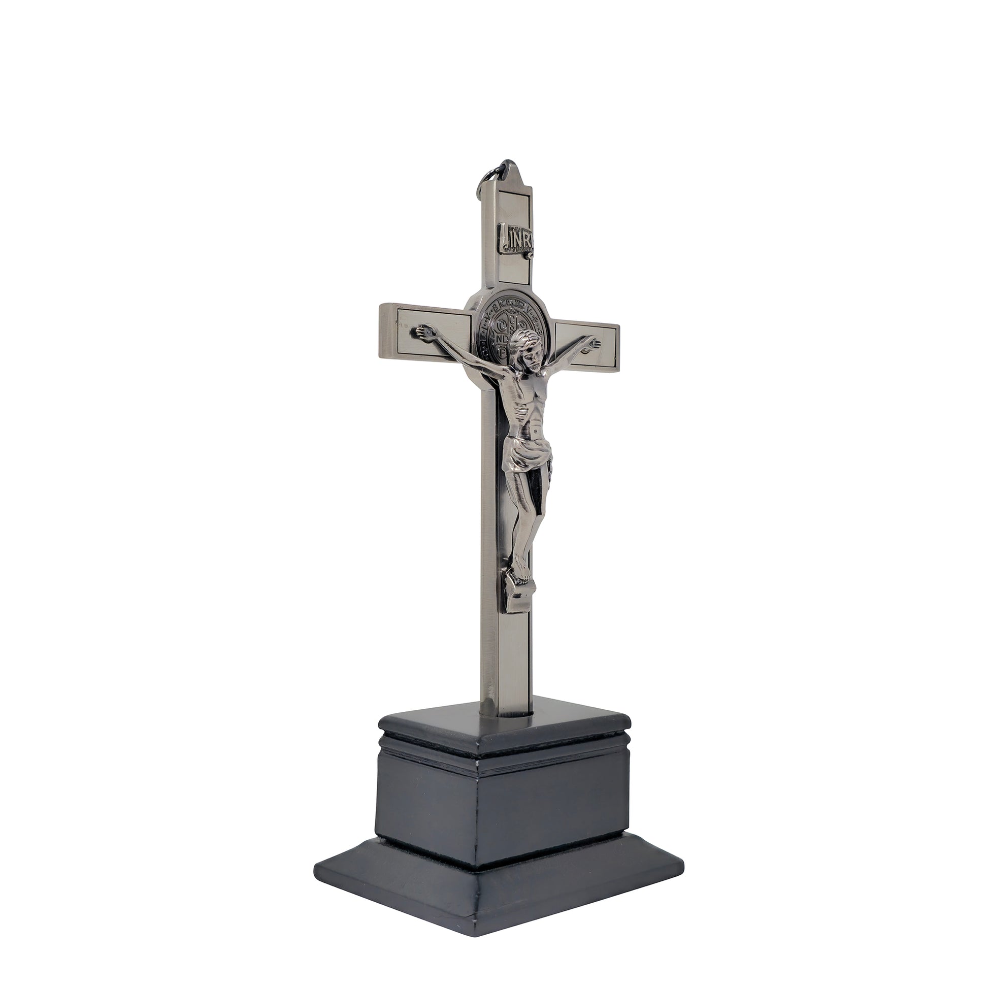 Mrcjsales - Saint Benedict Crucifix Dark-Silver w/Base. Detailed Design, Gift for Loved Ones, Hang or Stand Anywhere, Built-In Medal, image 1