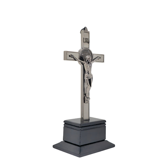 Mrcjsales - Saint Benedict Crucifix Dark-Silver w/Base. Detailed Design, Gift for Loved Ones, Hang or Stand Anywhere, Built-In Medal, image 1