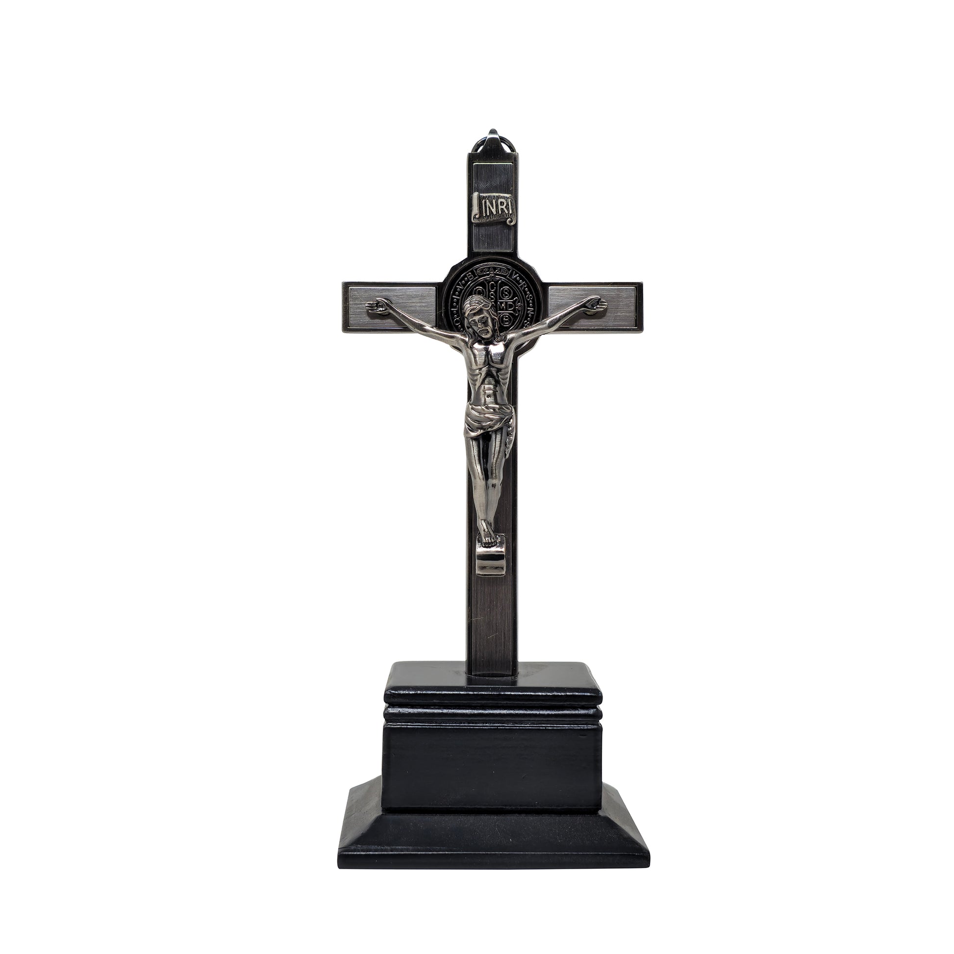 Mrcjsales - Saint Benedict Crucifix Dark-Silver w/Base. Detailed Design, Gift for Loved Ones, Hang or Stand Anywhere, Built-In Medal, image 0