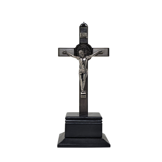 Mrcjsales - Saint Benedict Crucifix Dark-Silver w/Base. Detailed Design, Gift for Loved Ones, Hang or Stand Anywhere, Built-In Medal, image 0