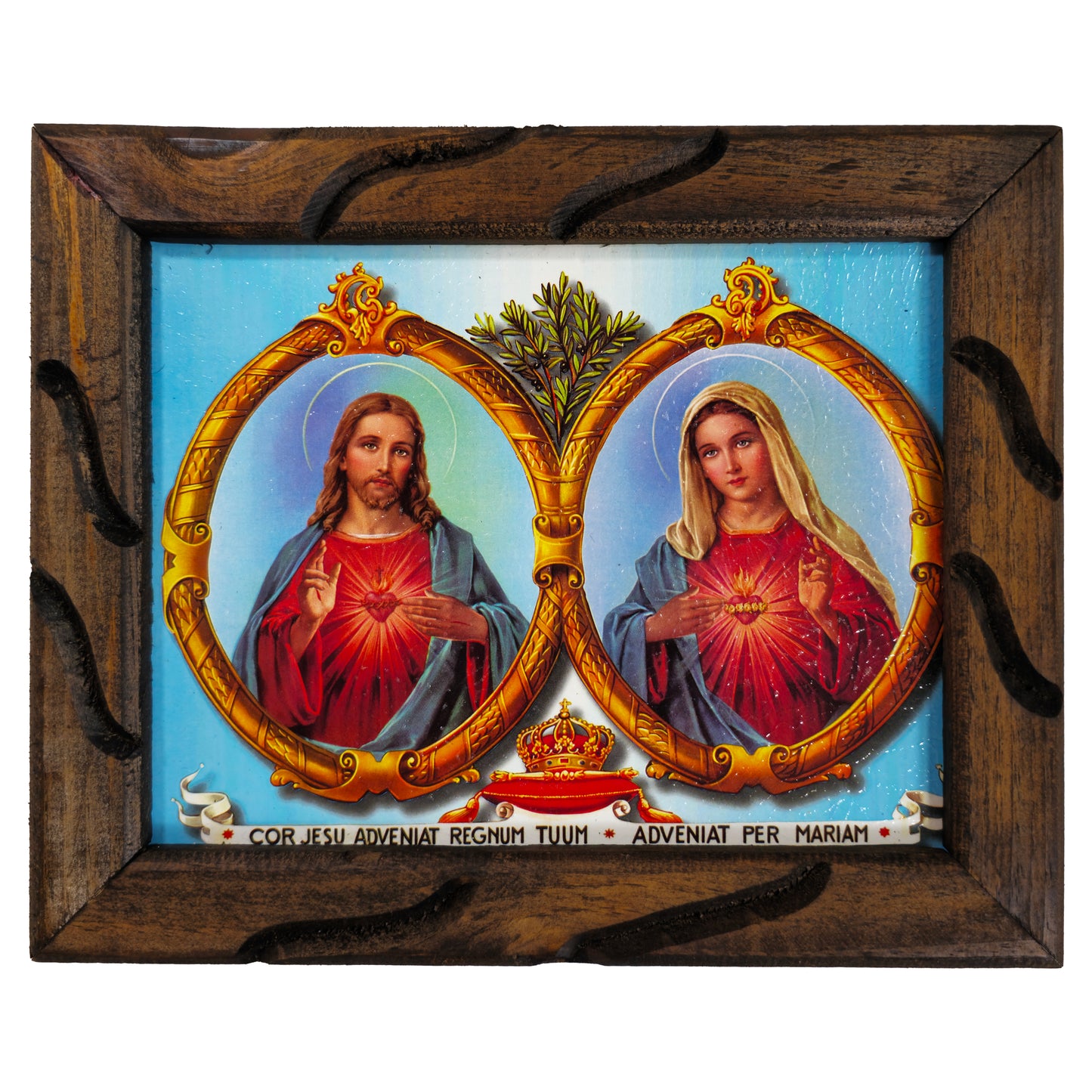 Sacred Heart of Jesus and Mary Rustic Frame - Marco Rústico del Sagrado Corazón 24x36 13x18 10x12 -  Home Decor - Easy to Display - MrcjSales - S | 12"x10" image