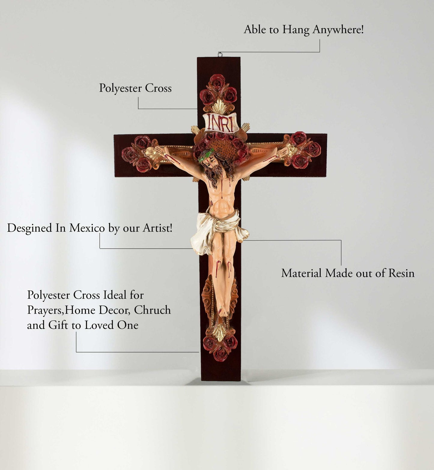 Mrcjsales: Jesus Christ Crimsons Roses | Crucifix | Polyester Resin Art | Faith Symbol | Various Sizes | Uplifting Beauty | Mexican Style image 1