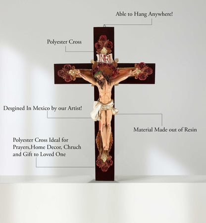Mrcjsales: Jesus Christ Crimsons Roses | Crucifix | Polyester Resin Art | Faith Symbol | Various Sizes | Uplifting Beauty | Mexican Style image 1