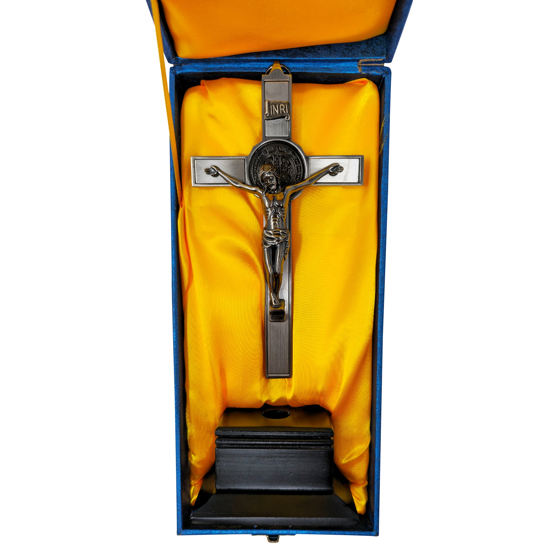 Mrcjsales - Saint Benedict Crucifix Dark-Silver w/Base. Detailed Design, Gift for Loved Ones, Hang or Stand Anywhere, Built-In Medal, image 3