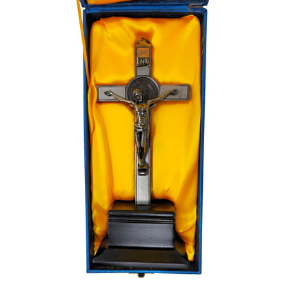 Mrcjsales - Saint Benedict Crucifix Dark-Silver w/Base. Detailed Design, Gift for Loved Ones, Hang or Stand Anywhere, Built-In Medal, image 4