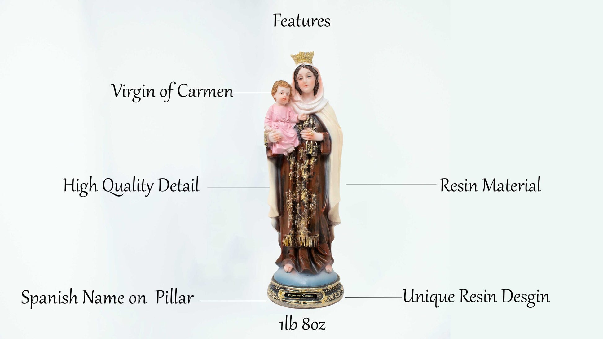 MrcjSales - Virgin of Carmen Statue | Multiple Sizes | Resin Craftsmanship | Virgen de Carmen | Church, Home Decor, Gifts image 2