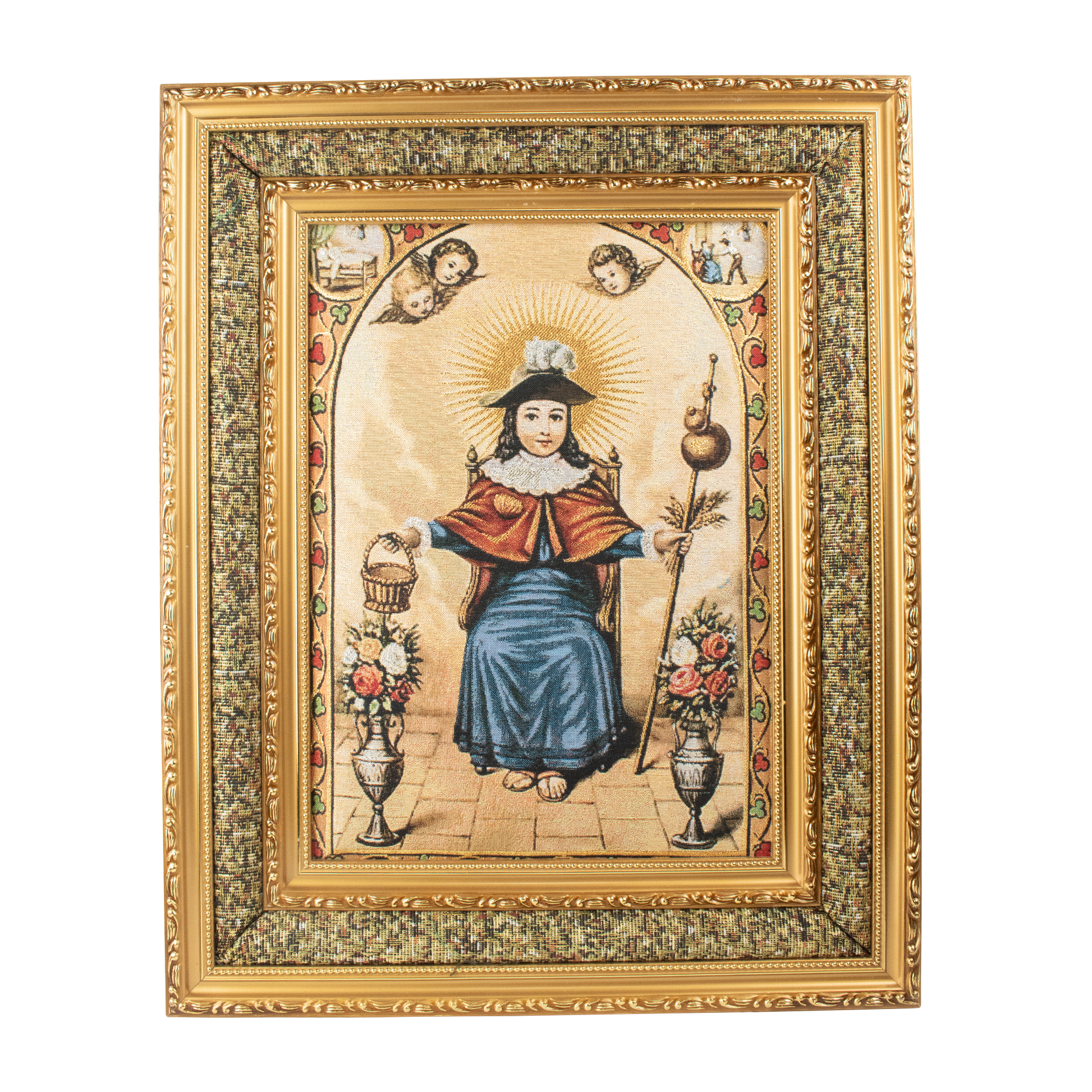 Mrcjsales: Child of Atocha Cloth Frame | Golden Double Frame | Religious Home Decor | Spanish Name: Nino de Atocha | Gift for Loved Ones - M | 17"x21" image