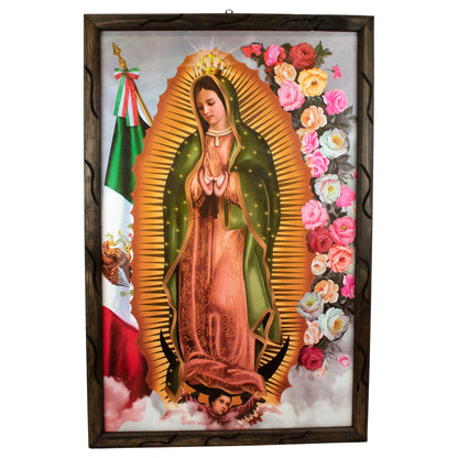 Mrcjsales - Lady of Guadalupe Mex Flag Rustic Frame - Iconic Religious Art, Mexican Decor, Spiritual Gift, Unique Craftsmanship, Virgen De Guadalupe - L | 36"x24" image