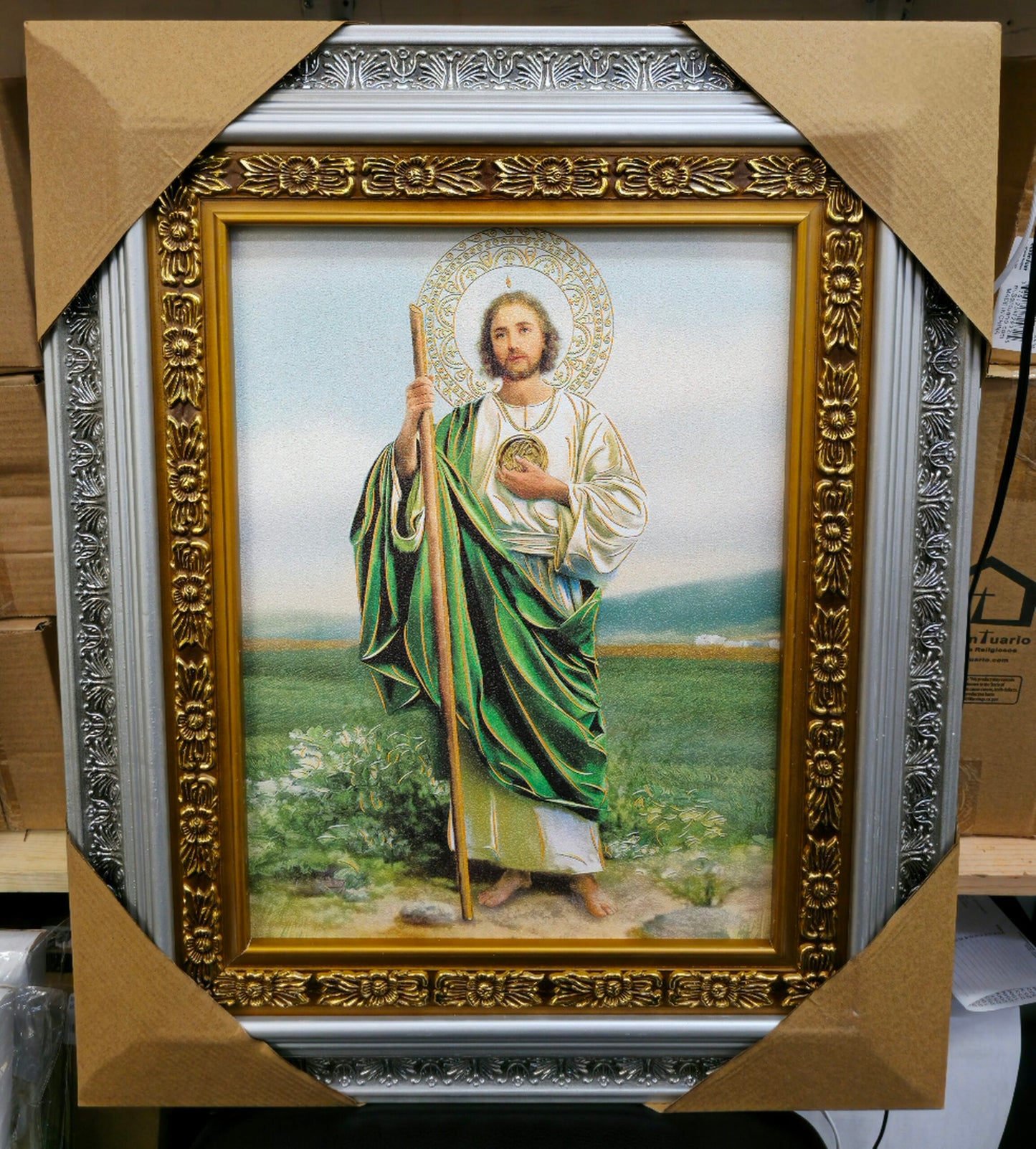 San Judas (Saint Jude) Silver Frame 23x19 – Beautiful Silver and Gold Design, Vivid Colors, Built-in Hooks – Perfect Religious Home Décor, Church, Events, Gifts image 0