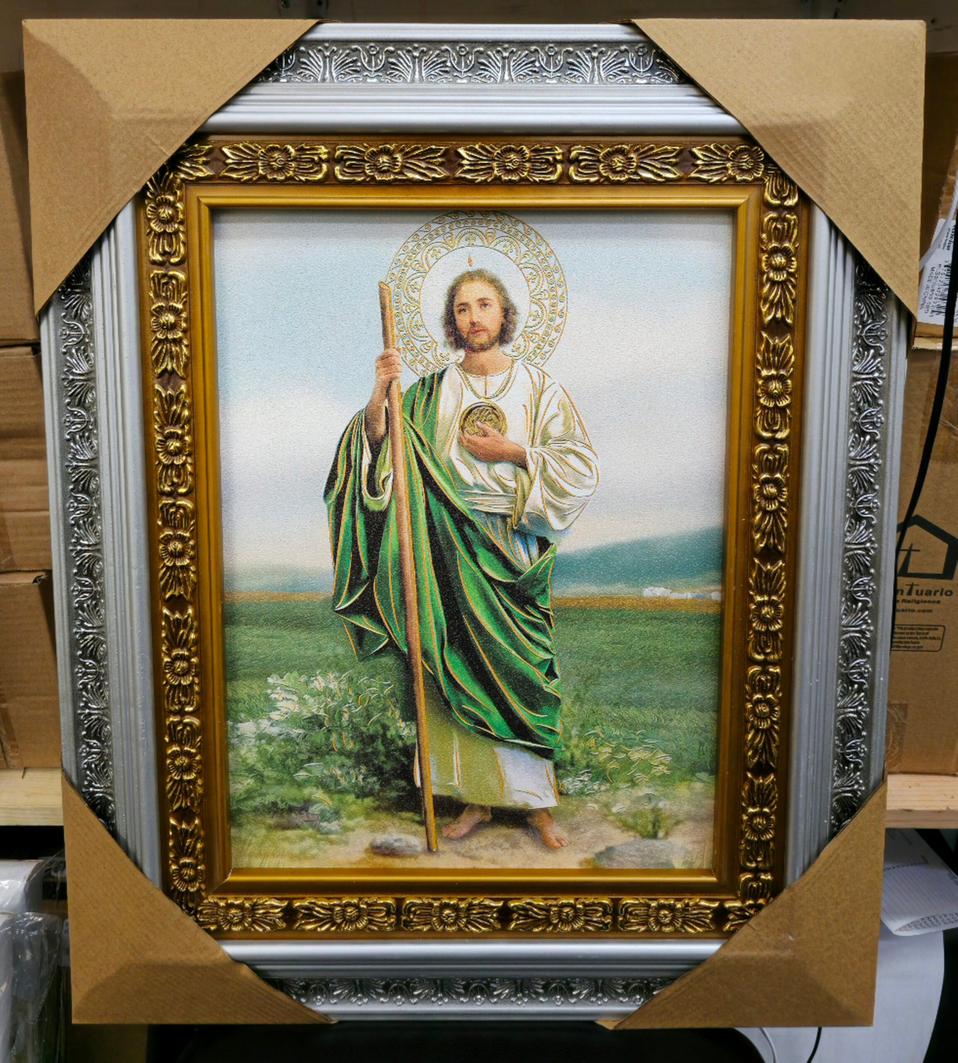 San Judas (Saint Jude) Silver Frame 23x19 – Beautiful Silver and Gold Design, Vivid Colors, Built-in Hooks – Perfect Religious Home Décor, Church, Events, Gifts image 0
