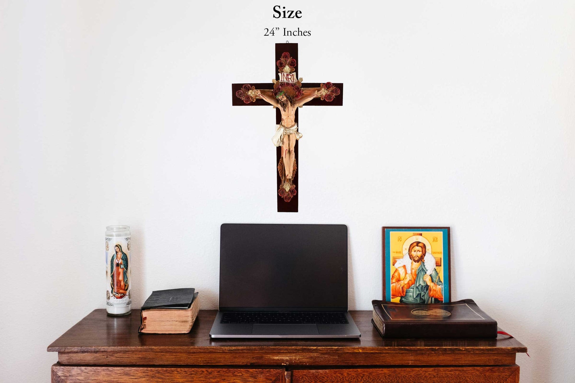 Mrcjsales: Jesus Christ Crimsons Roses | Crucifix | Polyester Resin Art | Faith Symbol | Various Sizes | Uplifting Beauty | Mexican Style image 3