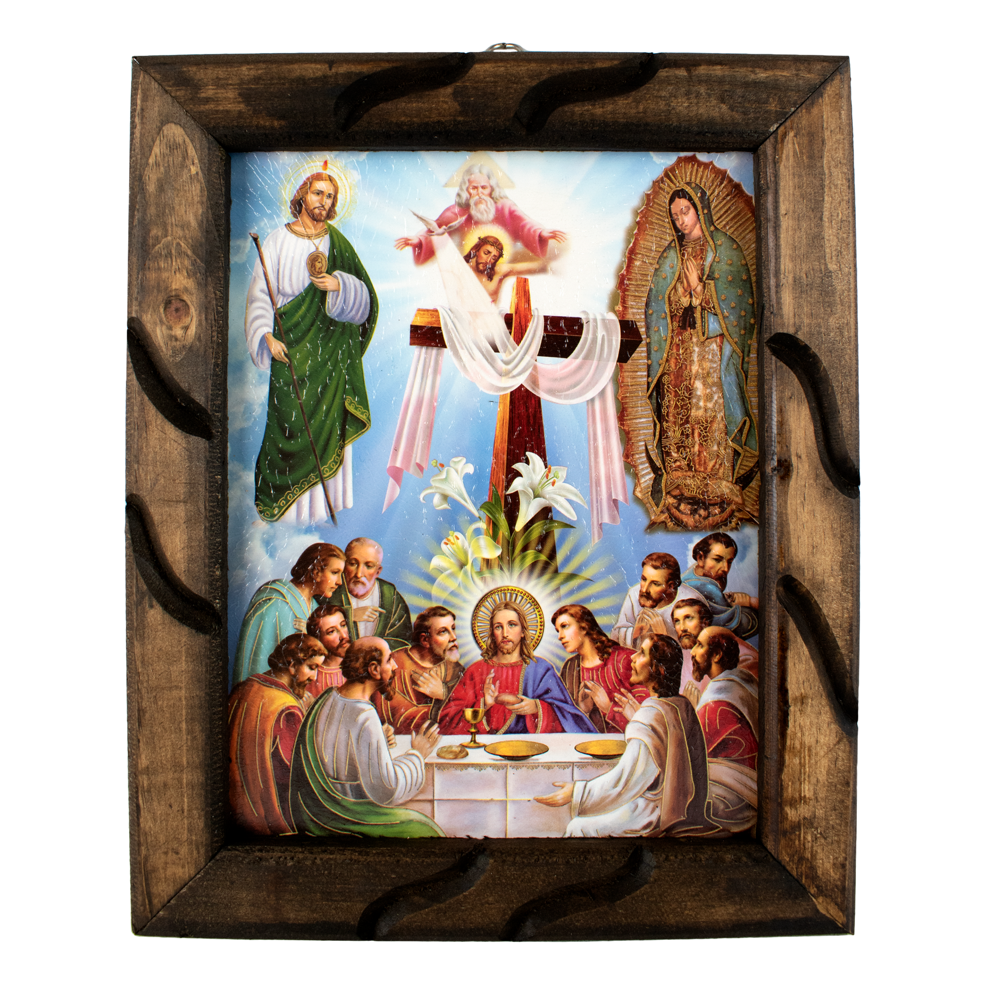 Mrcjsales - Holy Trio: Guadalupe, St. Judas, Last Supper – Rustic Frame, Religious Art, Hope, Love, Strength, Various Sizes Available! - S | 12"x10" image