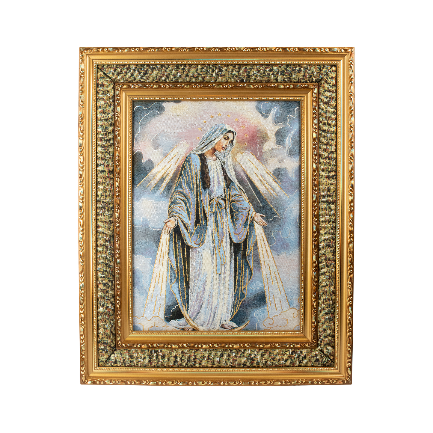 Mrcjsales: Miraculous Mary Cloth Frame | Golden Double Frame | Religious Home Decor | Spanish Name: Miraculous Mary | Gift for Loved Ones - M | 17"x21" image