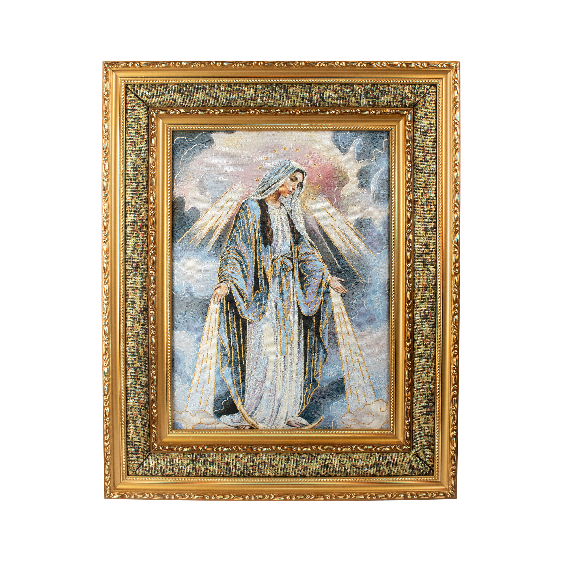 Mrcjsales: Miraculous Mary Cloth Frame | Golden Double Frame | Religious Home Decor | Spanish Name: Miraculous Mary | Gift for Loved Ones - M | 17"x21" image