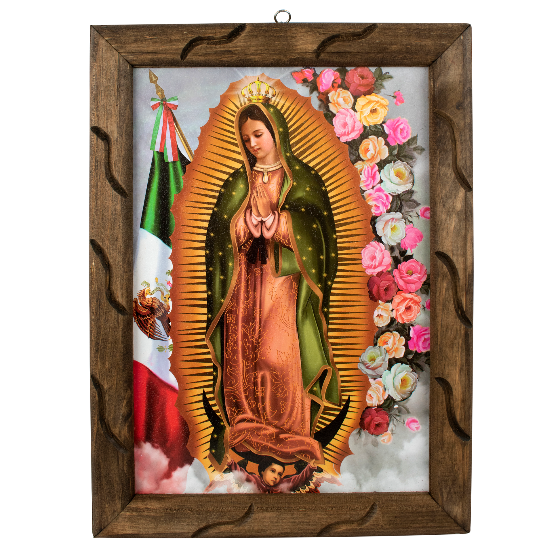 Mrcjsales - Lady of Guadalupe Mex Flag Rustic Frame - Iconic Religious Art, Mexican Decor, Spiritual Gift, Unique Craftsmanship, Virgen De Guadalupe - M | 18"x13" image