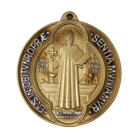 Saint Benedict Medal - San Benito Medallion in Silver & Gold | Catholic Church Protection & Blessings | High-Quality Resin | Hanging Religious Home Decor | Spiritual Armor for Hope, Faith, and Healing - Small x 6 inches gold image