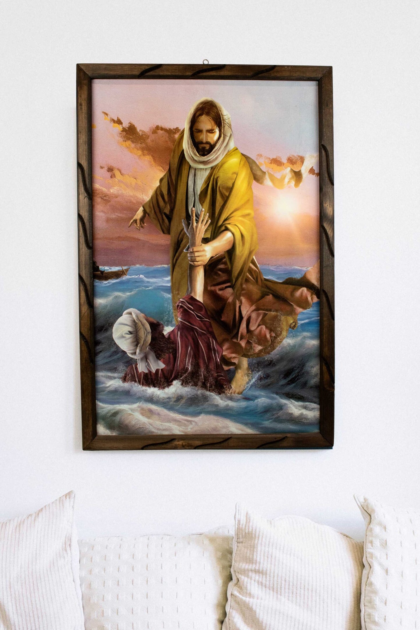 Mrcjsales - Jesus and Peter, at Sea – Rustic Frame, Multiple Sizes, Mexican Art, Symbolizes Hope, Love, Strength. Perfect Home Decor & Unique Gift! image 2