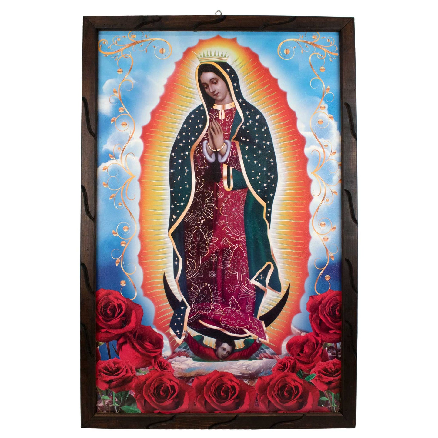 Lady of Guadalupe Red Rose – Rustic Frame - Perfect Gift for Any Occasion, Expresses Hope, Love, and Compassion - Virgen De Guadalupe Red Roses - L | 36"x24" image