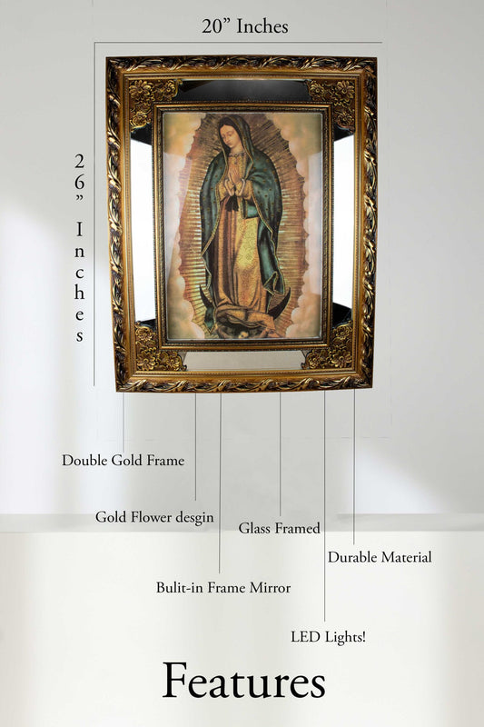 MrcjSales - Our Lady of Guadalupe Original - Glass | Led Light Frame | Gold/Glass Double Frame | Multiple Sizes | Built-in LED Lights image 4