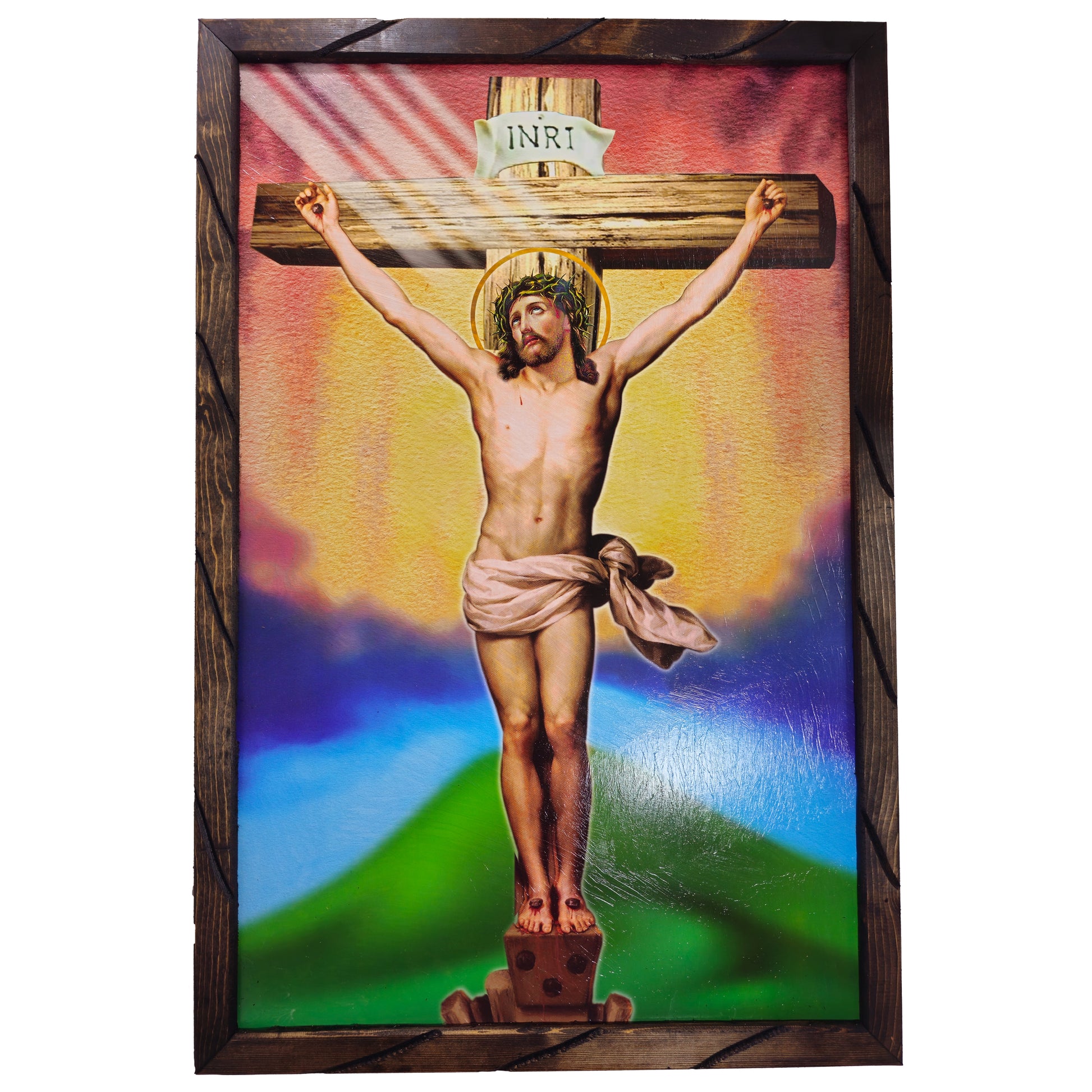 MrcjSales Jesus on Cross - Rustic Frame | Religious Art | Handcrafted in Mexico | Sizes: 24x36, 13x18, 10x12 | Perfect Home Decor | Thoughtful Gift - L | 36"x24" image