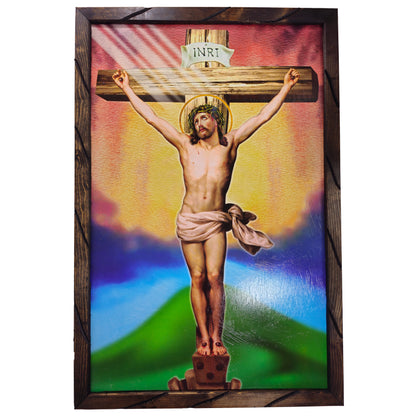 MrcjSales Jesus on Cross - Rustic Frame | Religious Art | Handcrafted in Mexico | Sizes: 24x36, 13x18, 10x12 | Perfect Home Decor | Thoughtful Gift - L | 36"x24" image