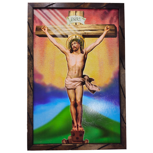 MrcjSales Jesus on Cross - Rustic Frame | Religious Art | Handcrafted in Mexico | Sizes: 24x36, 13x18, 10x12 | Perfect Home Decor | Thoughtful Gift - L | 36"x24" image