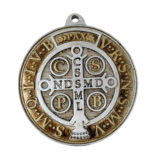 Saint Benedict Medal - San Benito Medallion in Silver & Gold | Catholic Church Protection & Blessings | High-Quality Resin | Hanging Religious Home Decor | Spiritual Armor for Hope, Faith, and Healing - Small x 6" Inches image