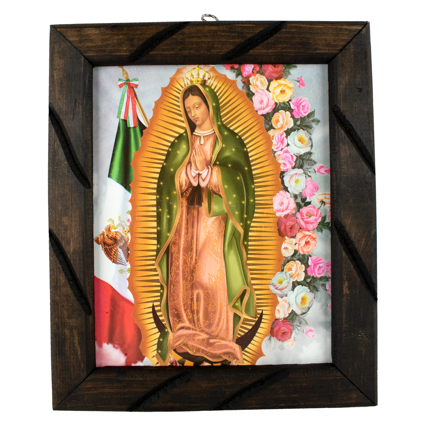 Mrcjsales - Lady of Guadalupe Mex Flag Rustic Frame - Iconic Religious Art, Mexican Decor, Spiritual Gift, Unique Craftsmanship, Virgen De Guadalupe image 3