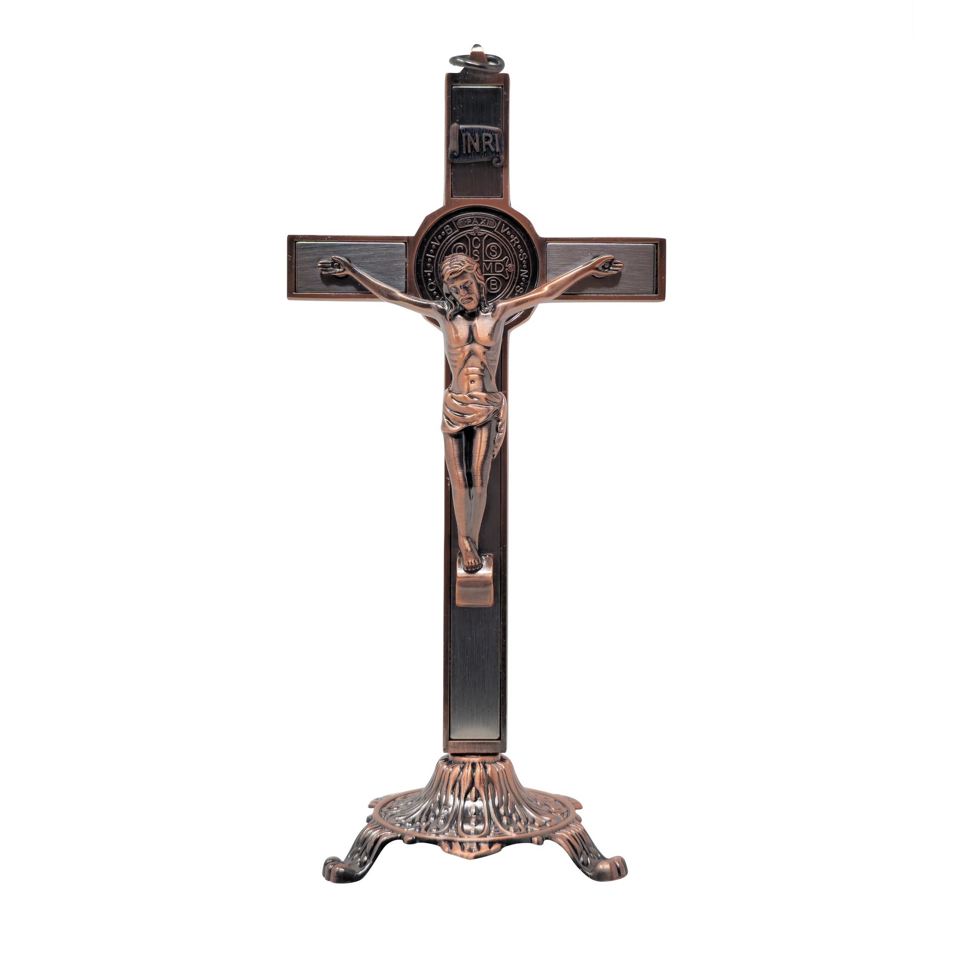 (mrcjsales -) Saint Benedict Crucifix w/Base – Silver/Bronze - Gift for Loved Ones - Built-In Medal - Multiple Sizes - S x 8" inches image