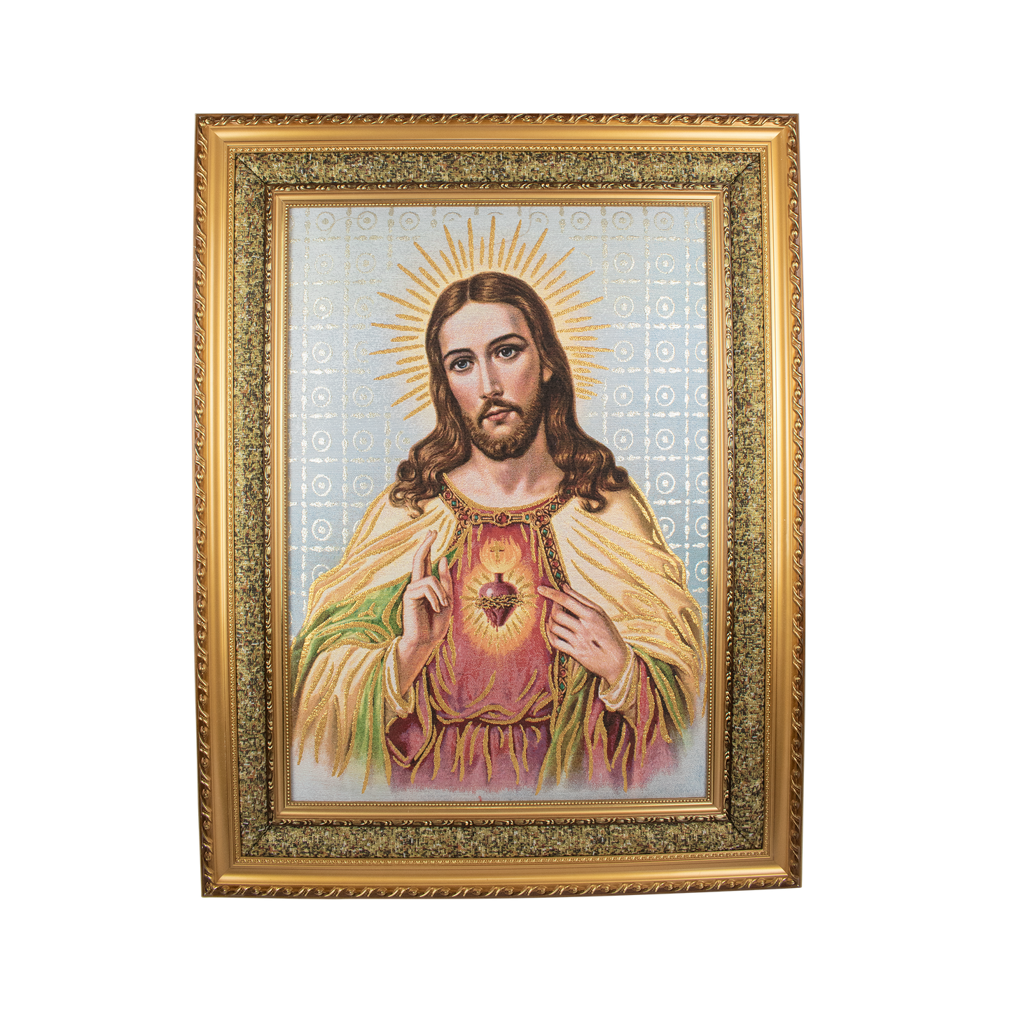 Mrcjsales: Sacred Heart of Jesus | Religious Cloth Art | Elegant Double Frame | Spanish Name: Sagrado Corazon de Jesus - L | 27"x35" image