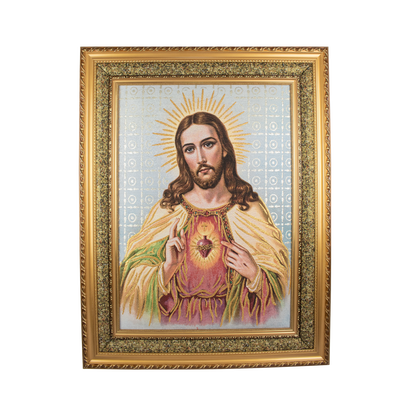 Mrcjsales: Sacred Heart of Jesus | Religious Cloth Art | Elegant Double Frame | Spanish Name: Sagrado Corazon de Jesus - L | 27"x35" image
