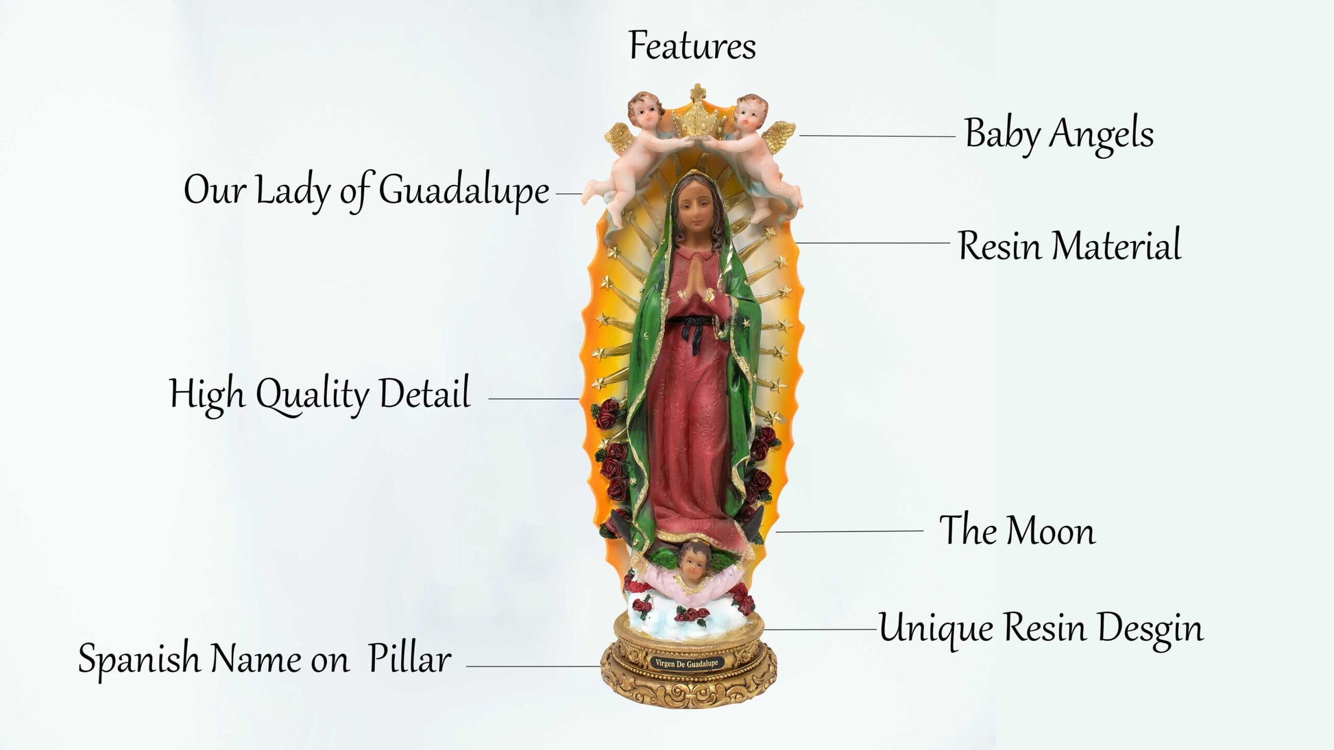 MrcjSales - Our Lady of Guadalupe w/ Baby Angels Statue | Multiple Sizes, Resin Craftsmanship |Perfect for Home, Church & Gifts image 3