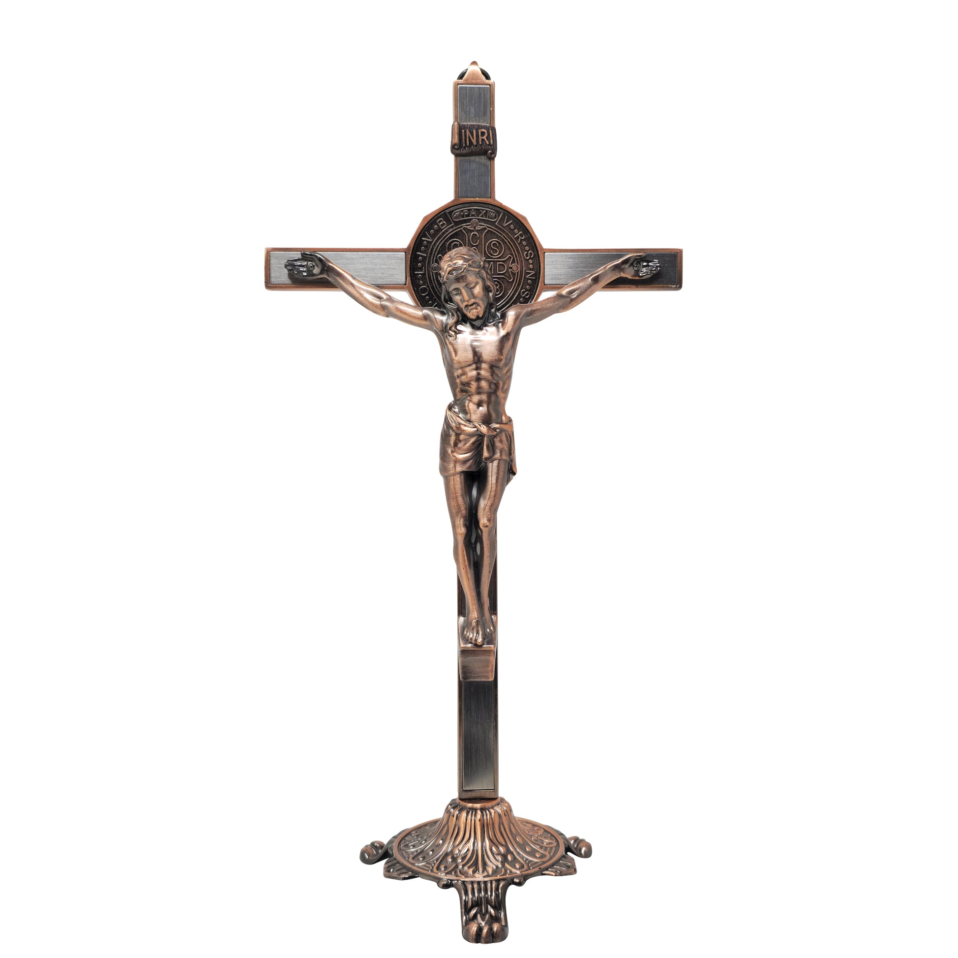 (mrcjsales -) Saint Benedict Crucifix w/Base – Silver/Bronze - Gift for Loved Ones - Built-In Medal - Multiple Sizes - L x 13" Inches image