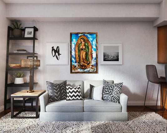Mrcjsales - Our Lady of Guadalupe Heavens Sky’s Rustic Frame - Iconic Religious Art, Unique Craftsmanship, Virgen de Guadalupe image 1