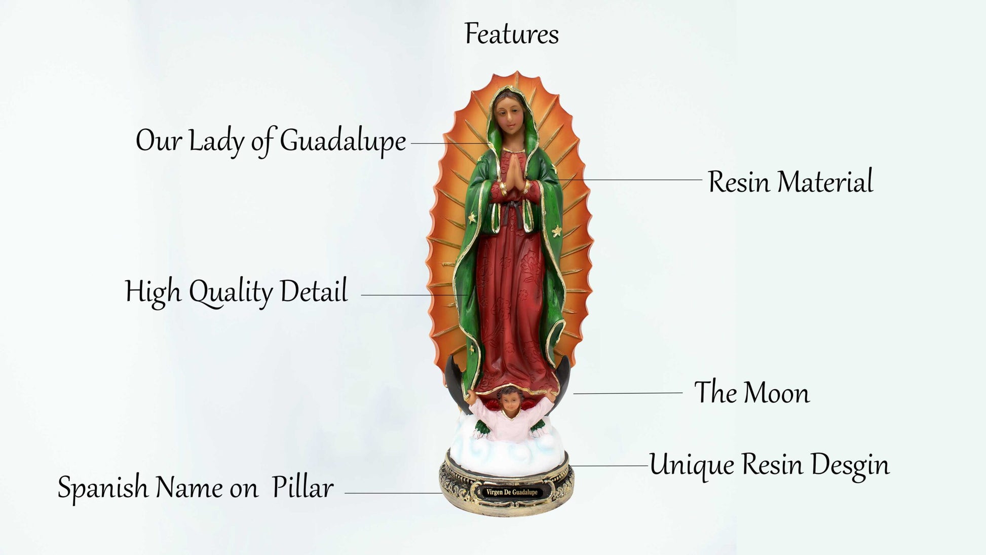 Our Lady of Guadalupe Statue, 12 Inches, Resin Craftsmanship, Virgen de Guadalupe, Church, Home Decor, Gifts mrcjsales image 2